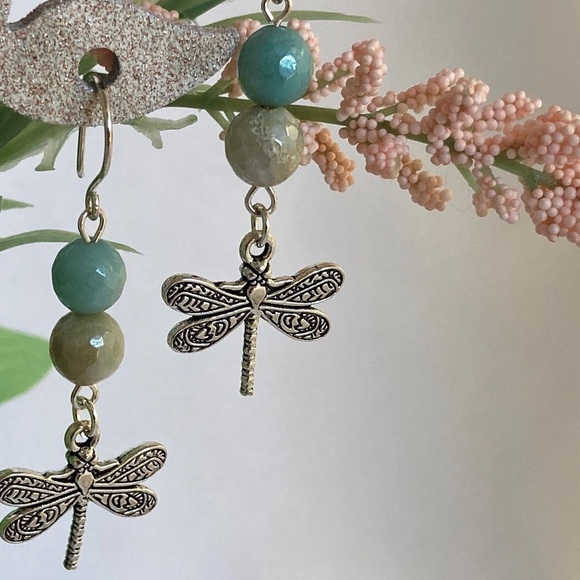 𝅺DANGLE Earrings Amazonite Beads and Dragonfly Charms - Picture 3 of 9